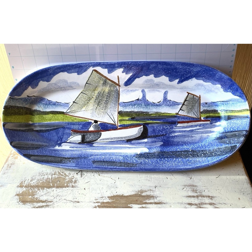 Vietri Hand Paint Italian Oval Ceramic Sailboat Platter 16 3/4"Ocean Beach Blue